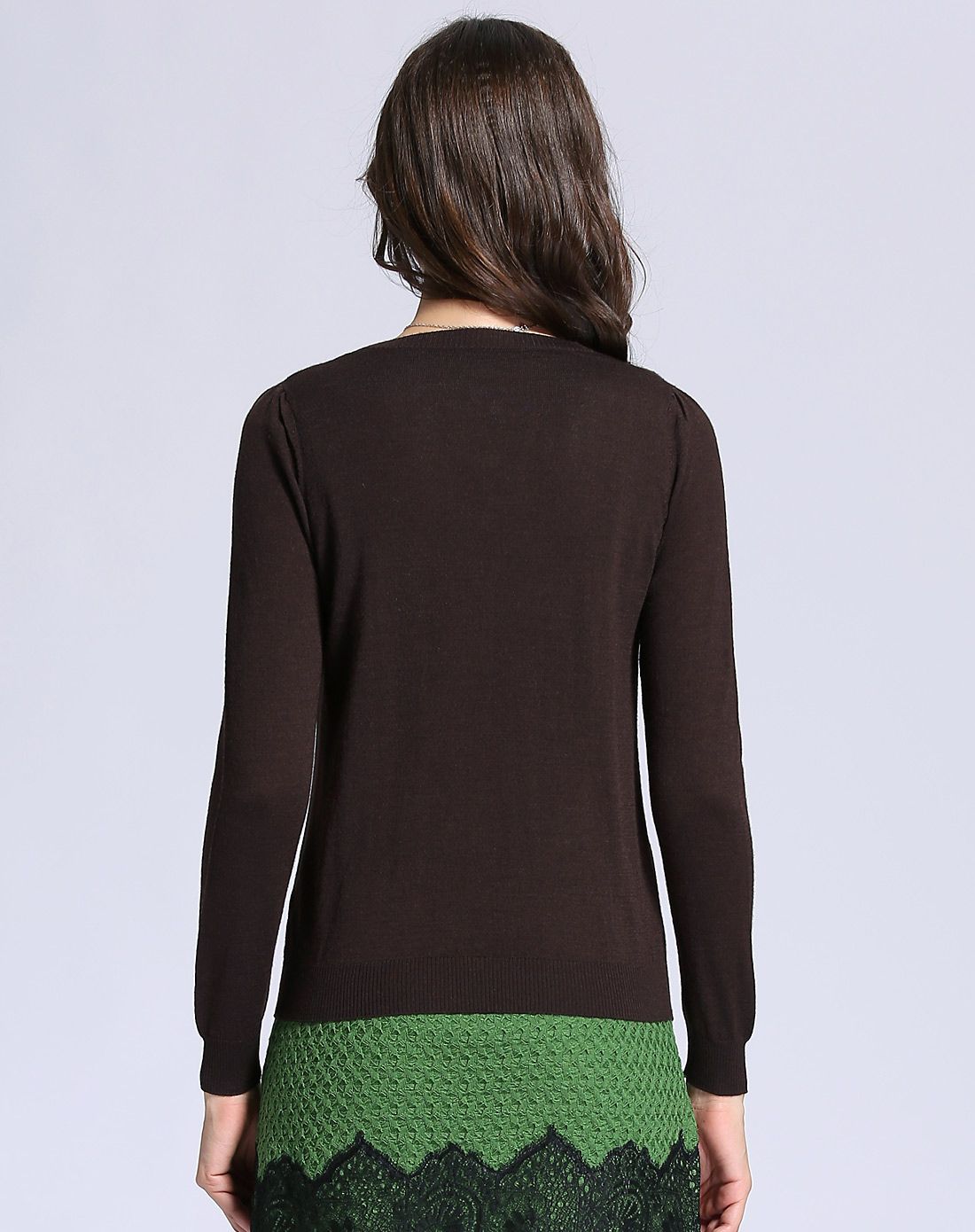 超细美丽诺羊毛深咖啡色圆领开衫