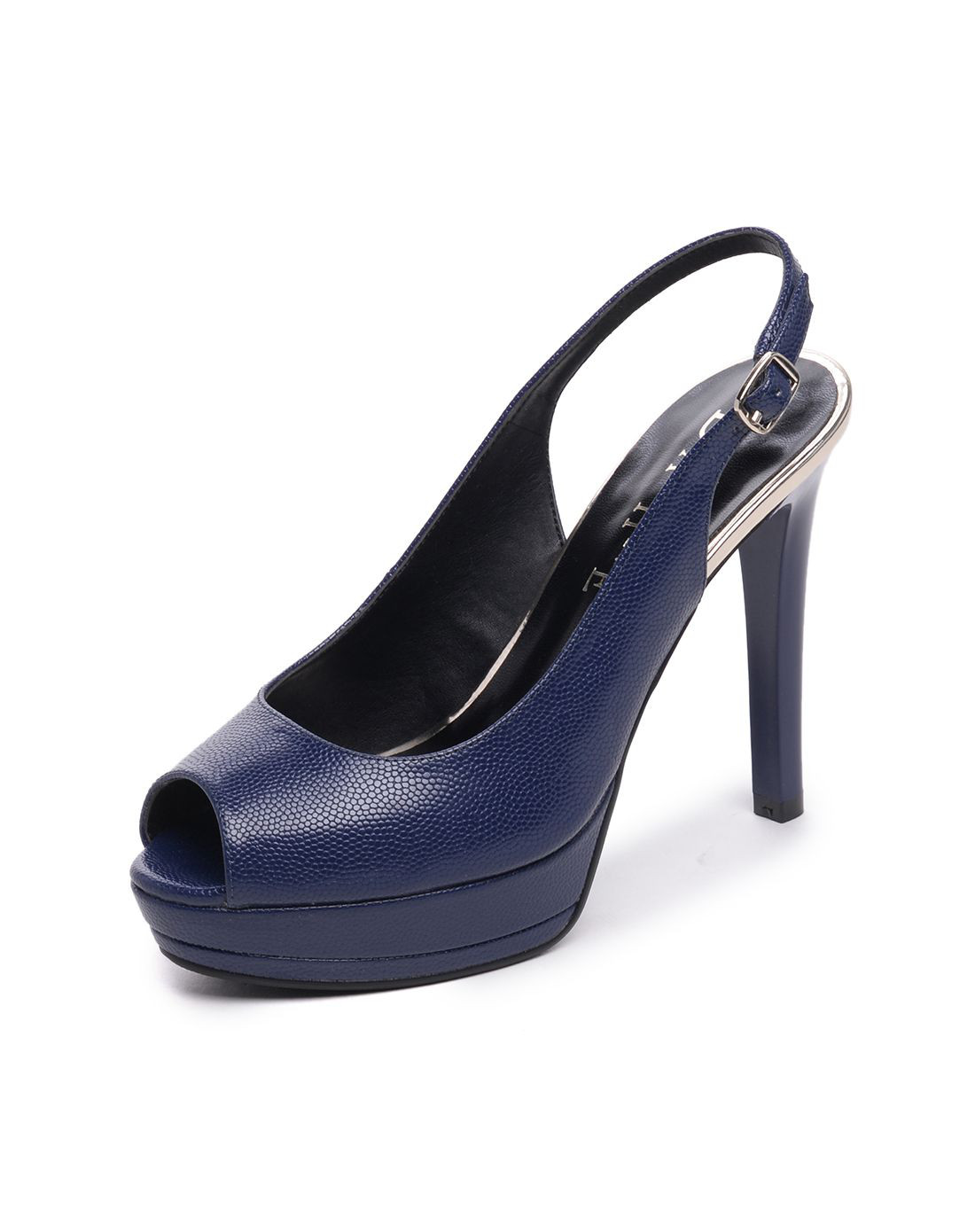 2016年新款达芙妮超高跟一字扣鱼嘴深蓝女凉鞋