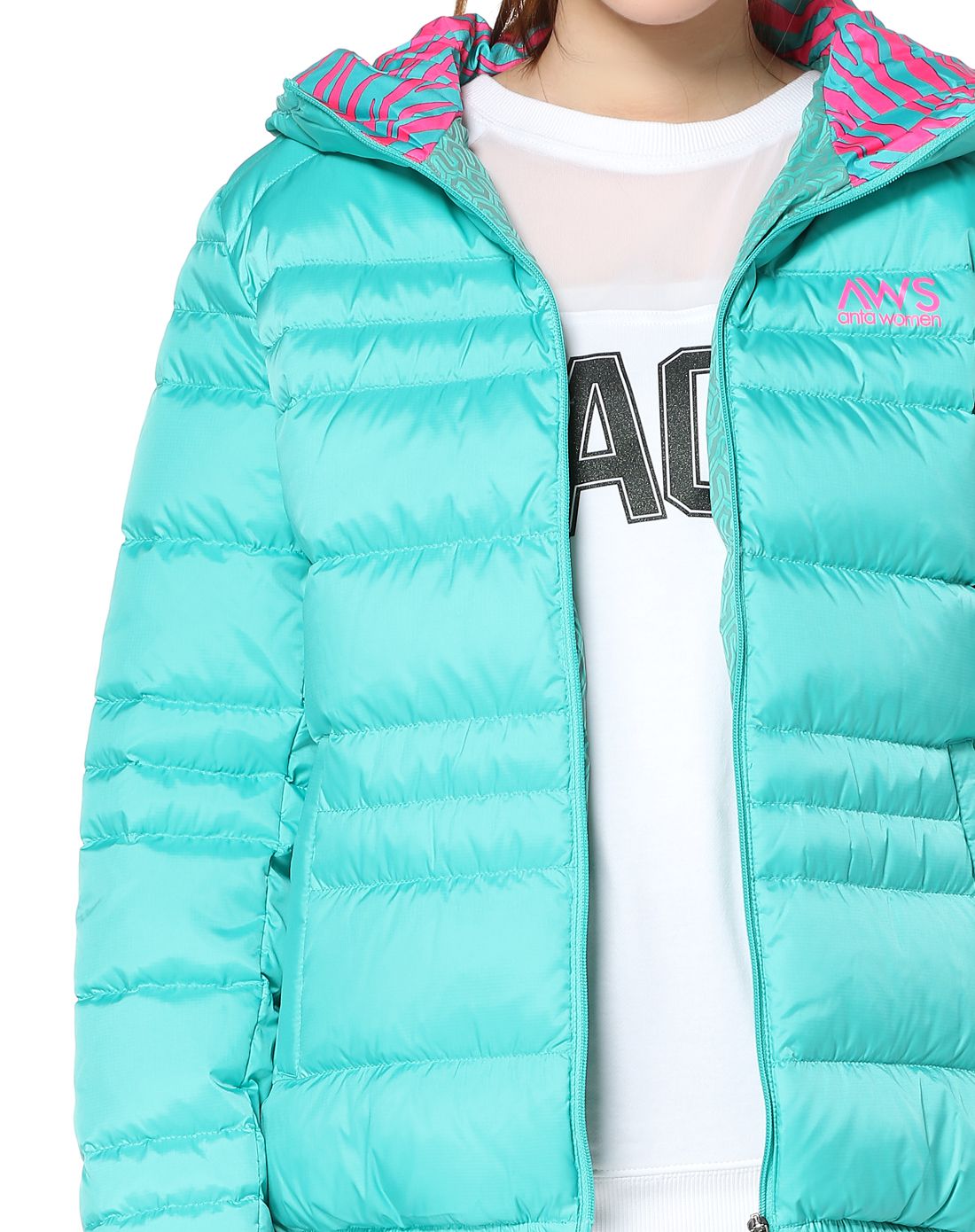 简约保暖 女款虾青色连帽长袖羽绒服 综训系列