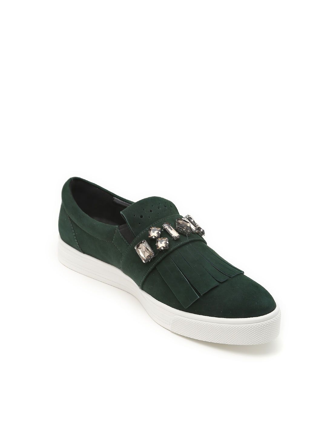 玖熙nine west&enzo angiolini鞋包绒面革绿色镶钻流苏时尚单鞋