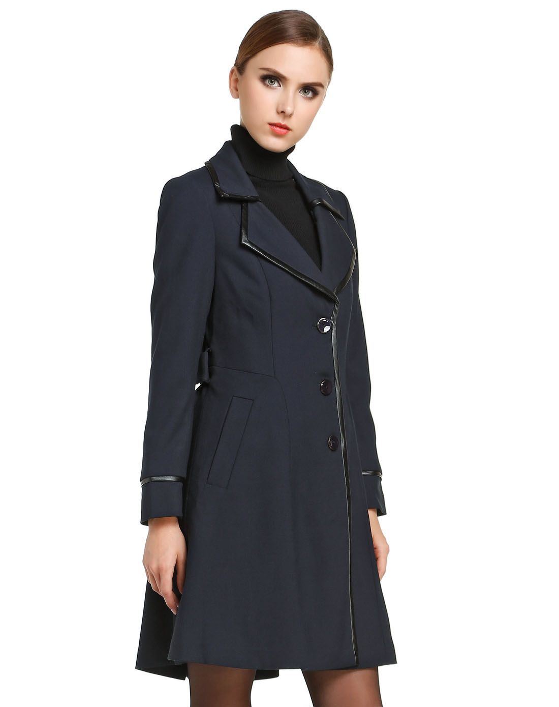 藏蓝色大翻领素雅长袖风衣