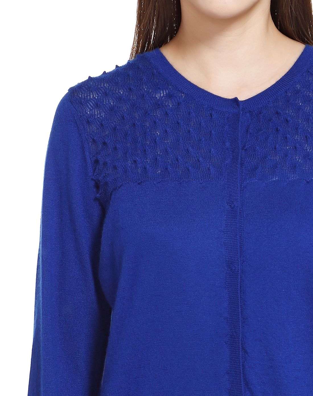 女款中酞蓝色简约时尚开襟长袖山羊绒衫