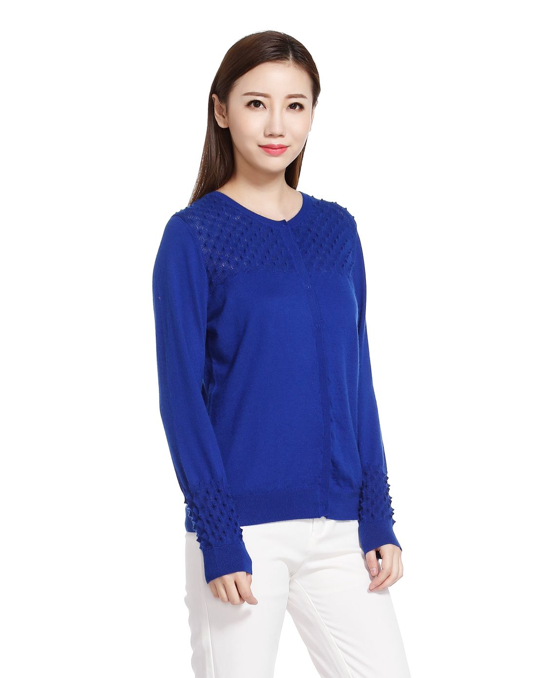 女款中酞蓝色简约时尚开襟长袖山羊绒衫