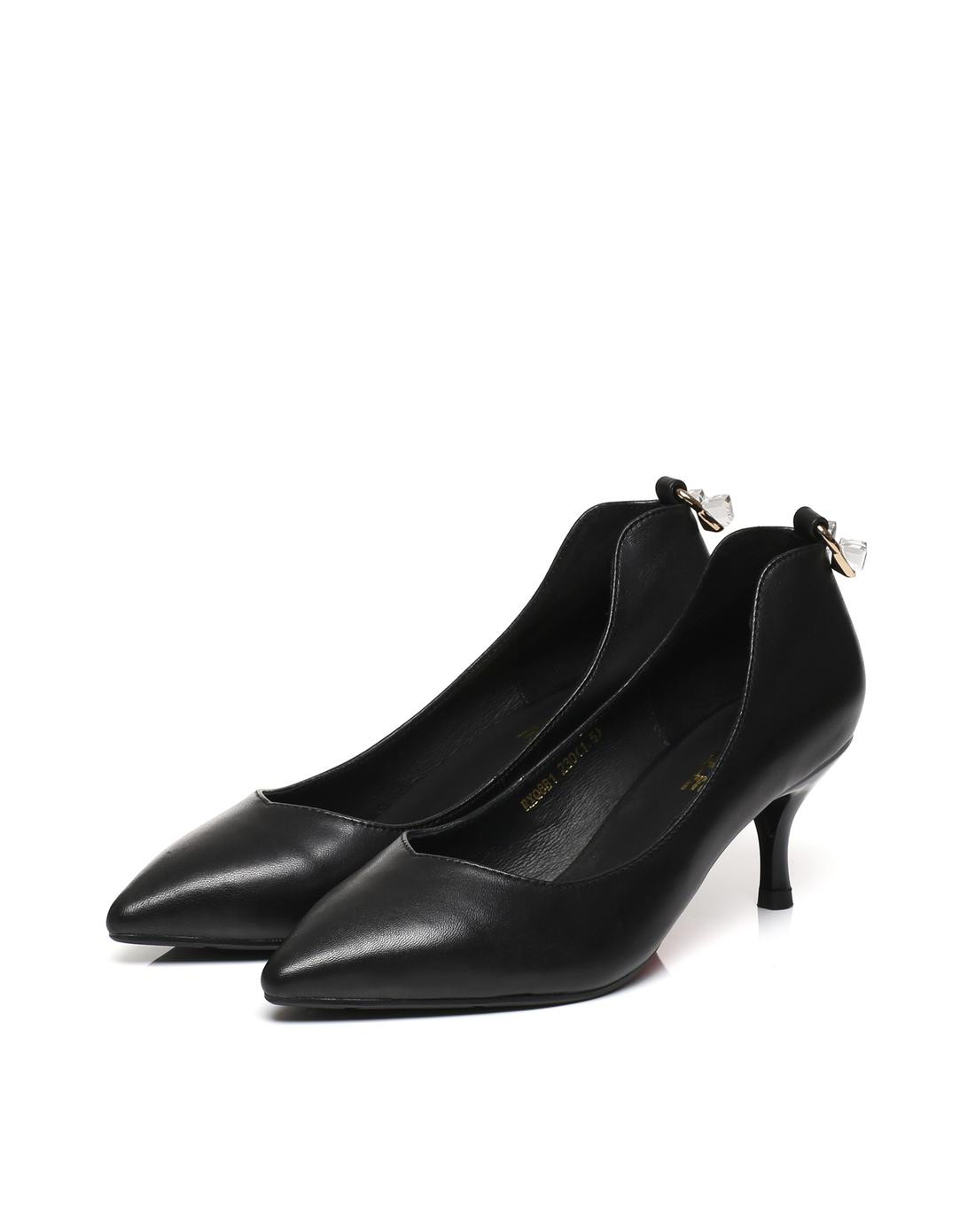 2017春季新品羊皮细跟浅口女单鞋黑色