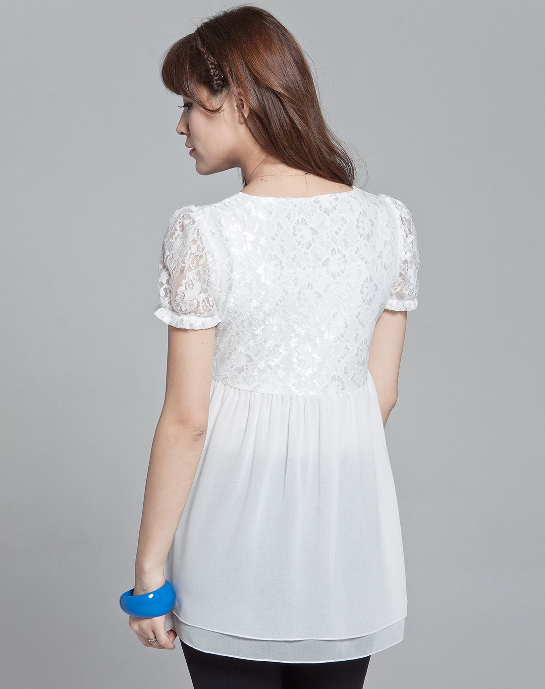 白色韩版蕾丝雪纺拼接圆领短袖上衣