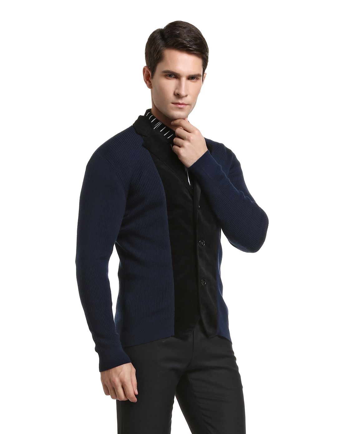 威斯康尼vskonne男装专场 深蓝/黑色帅气成熟开襟长袖针织衫