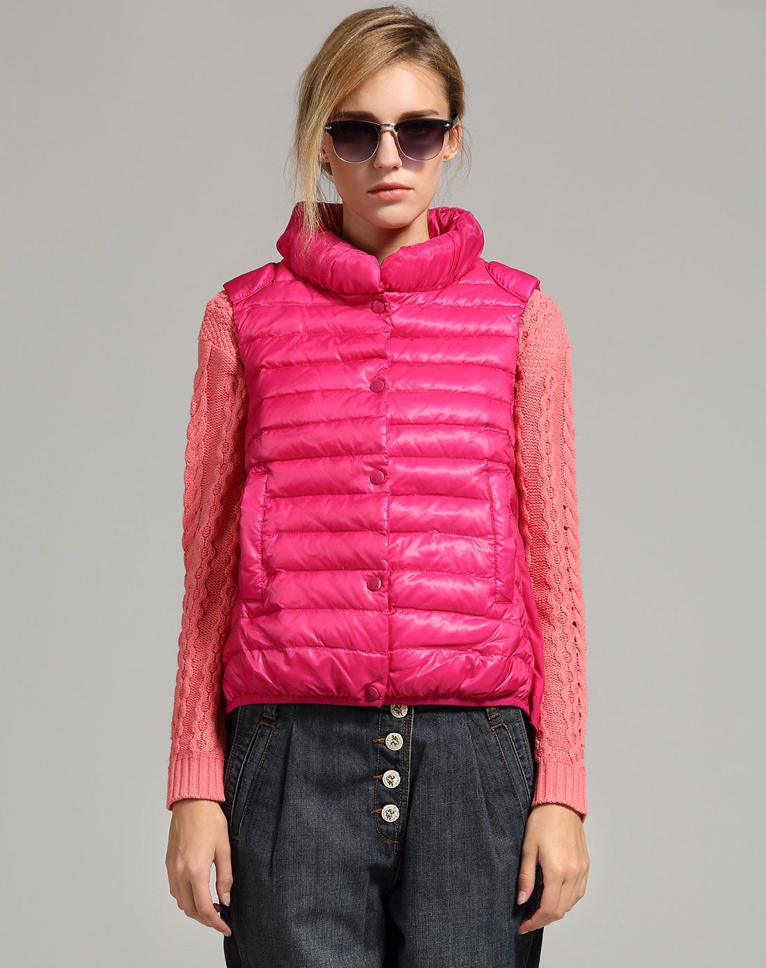 深粉紫后背雪纺拼接无袖羽绒