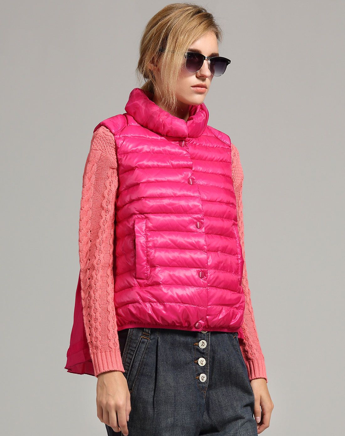 深粉紫后背雪纺拼接无袖羽绒