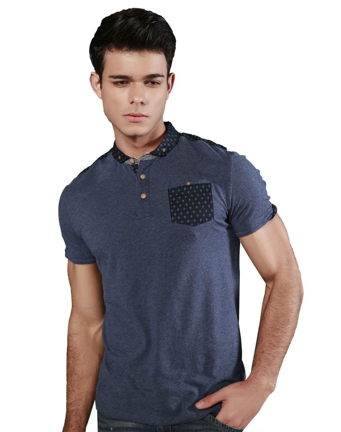 男款墨蓝花灰色微领短袖t恤 都市系列