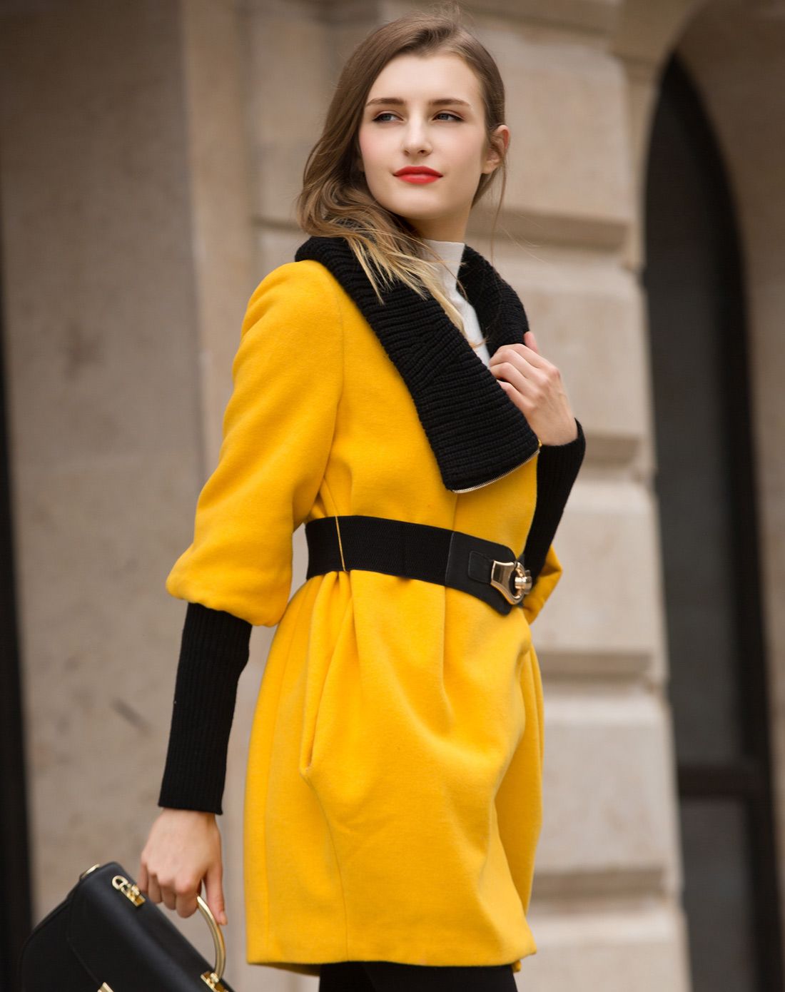 黄色欧美风螺纹拼接毛呢大衣