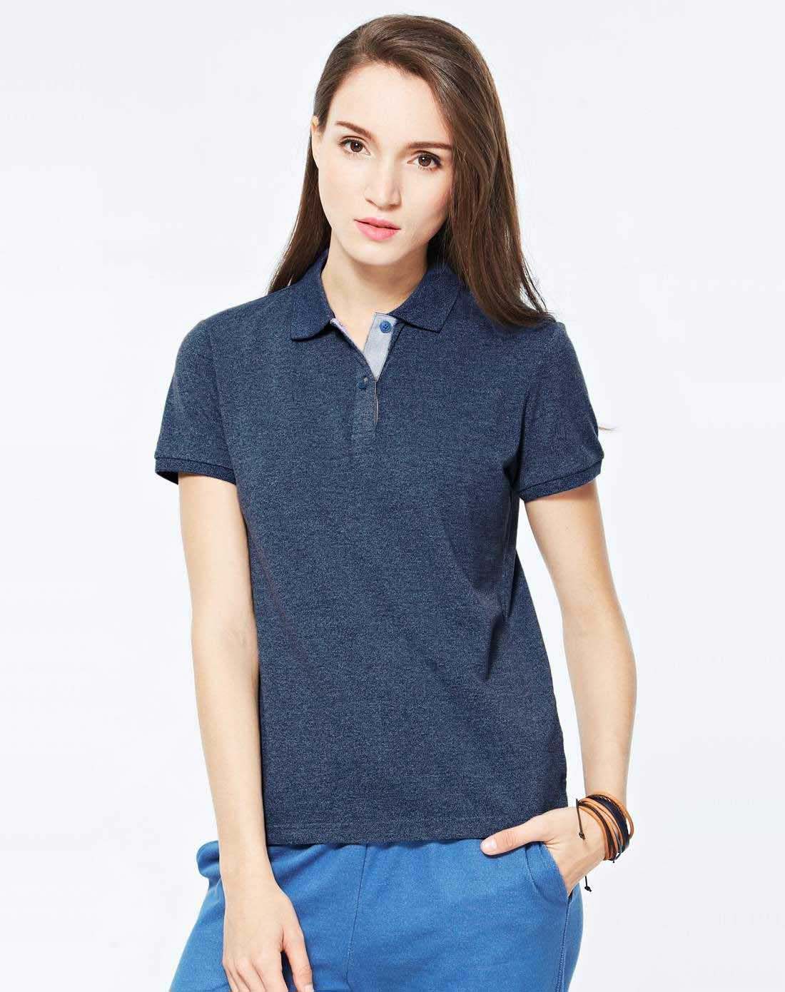雪花深洗水蓝色 蓝染素色珠地布扁机领短袖polo