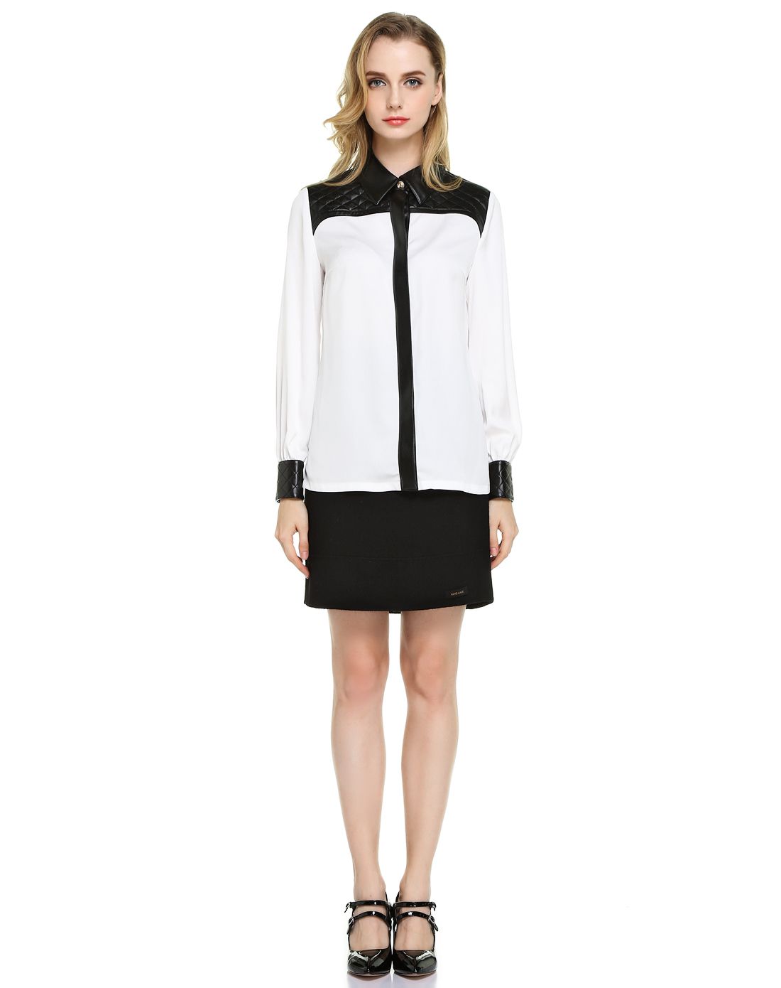 衣恋旗下轻奢品牌gerolamo黑/白色斯文百搭长袖衬衫glbl54t01439_唯品