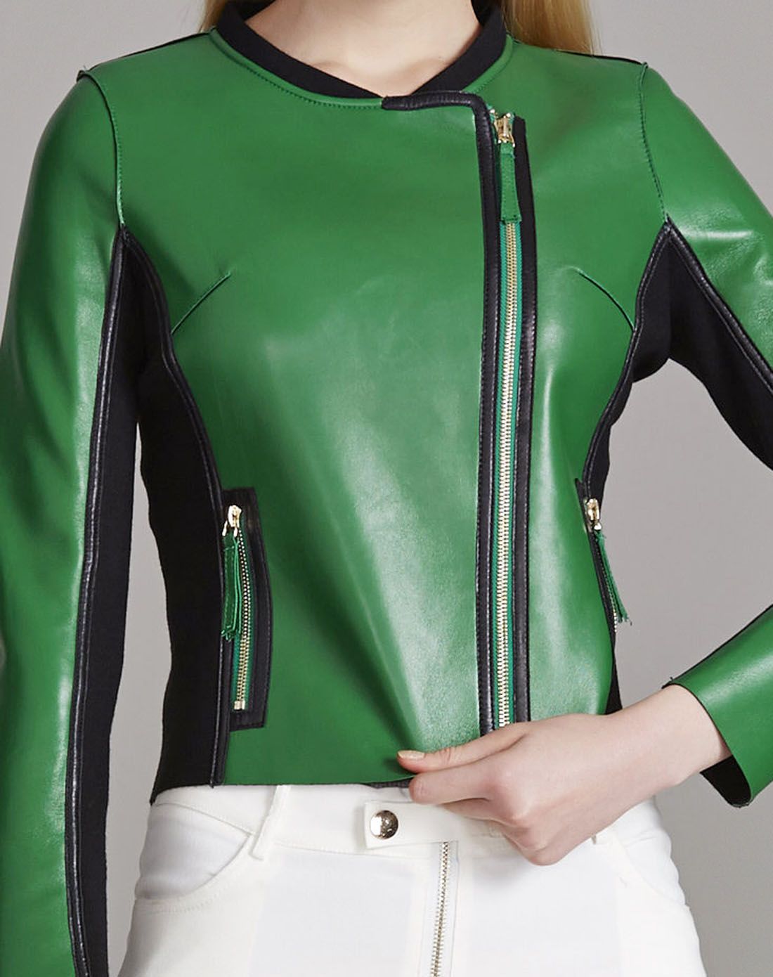 绿色/黑色长袖单皮上衣