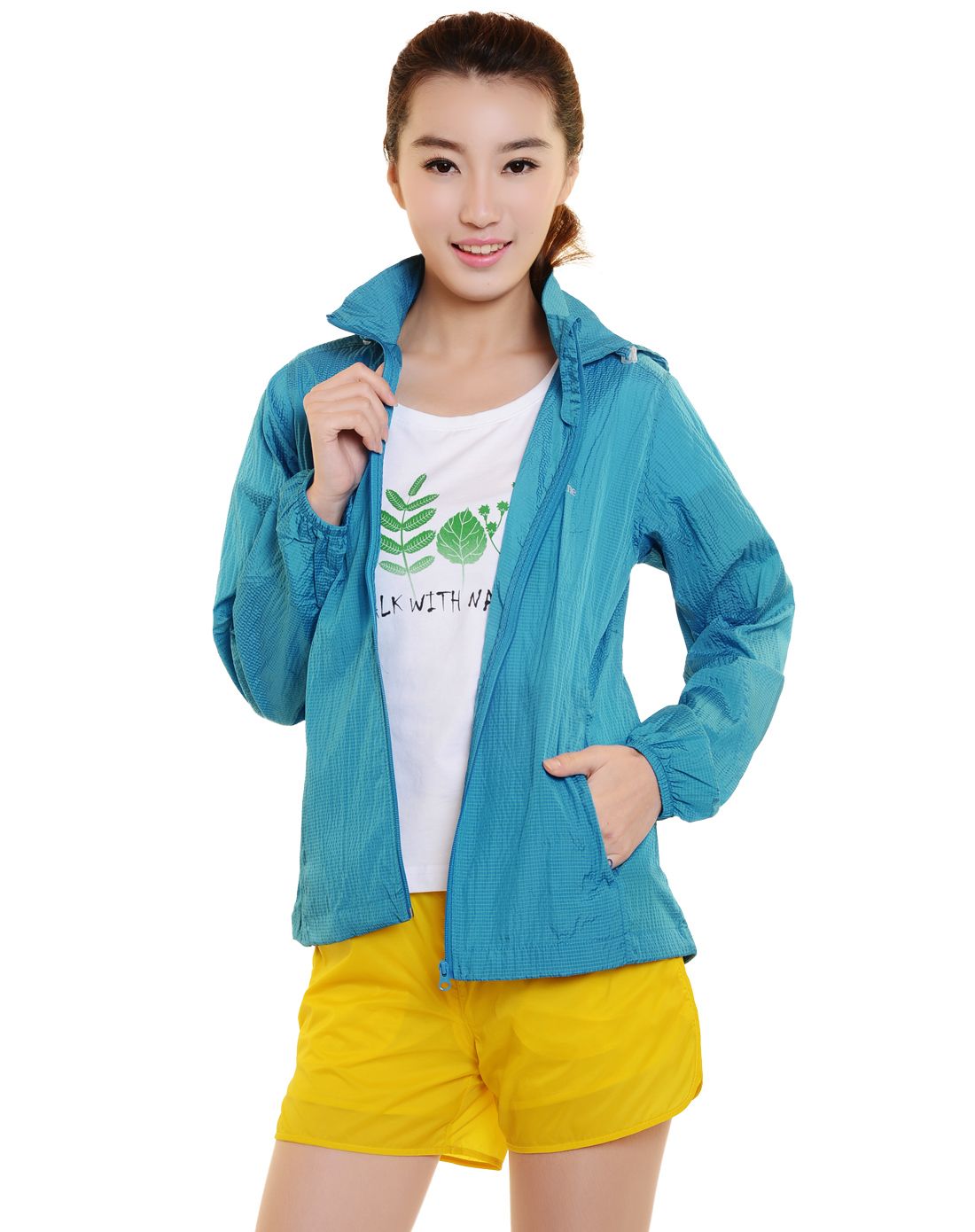 宝美beaume 一体式收纳 女款钴蓝户外薄风衣 纯色纹理