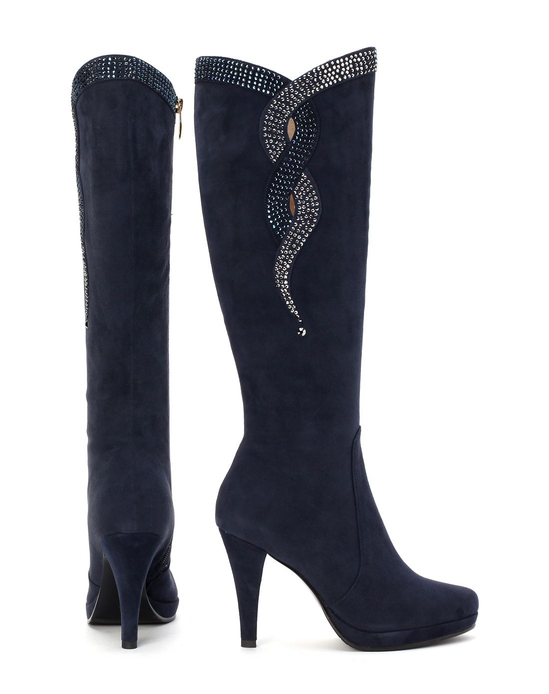 职业深紫罗兰色羊皮水钻圆头长靴