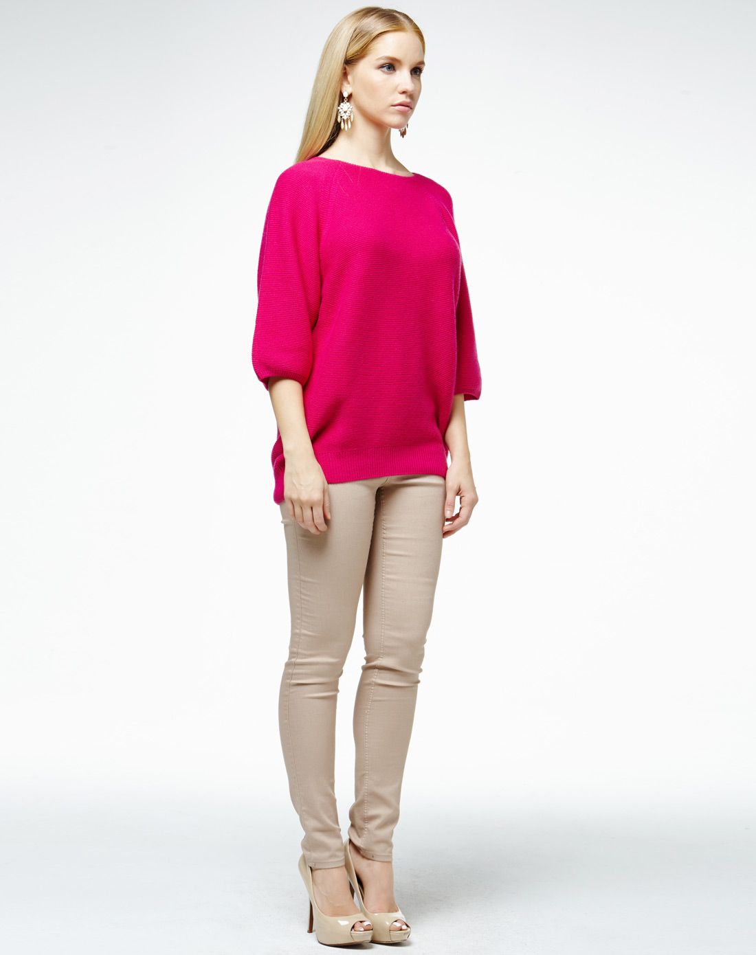 深洋红色女款韩版显瘦长款纯羊绒套衫