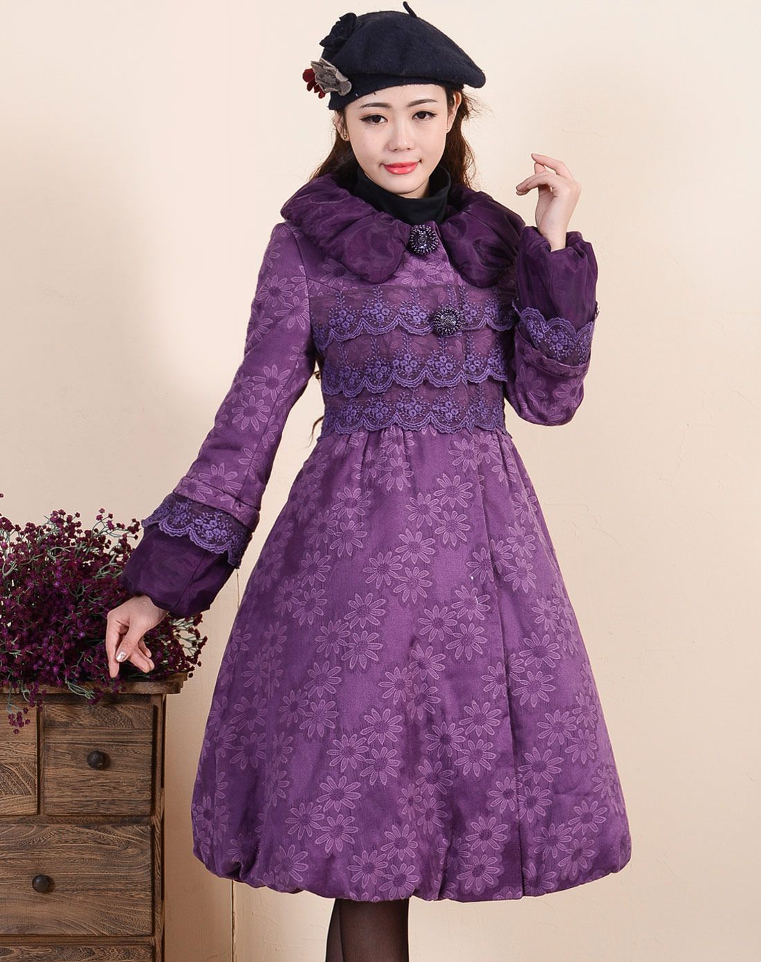 紫色提花修身a字摆中长款棉衣