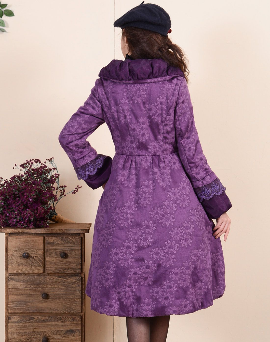 紫色提花修身a字摆中长款棉衣