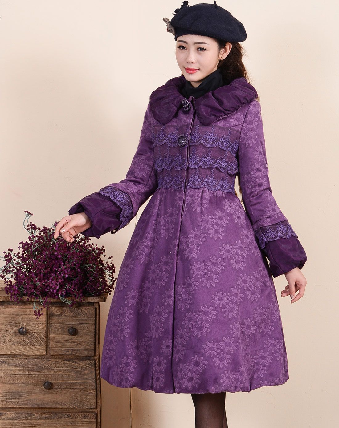紫色提花修身a字摆中长款棉衣