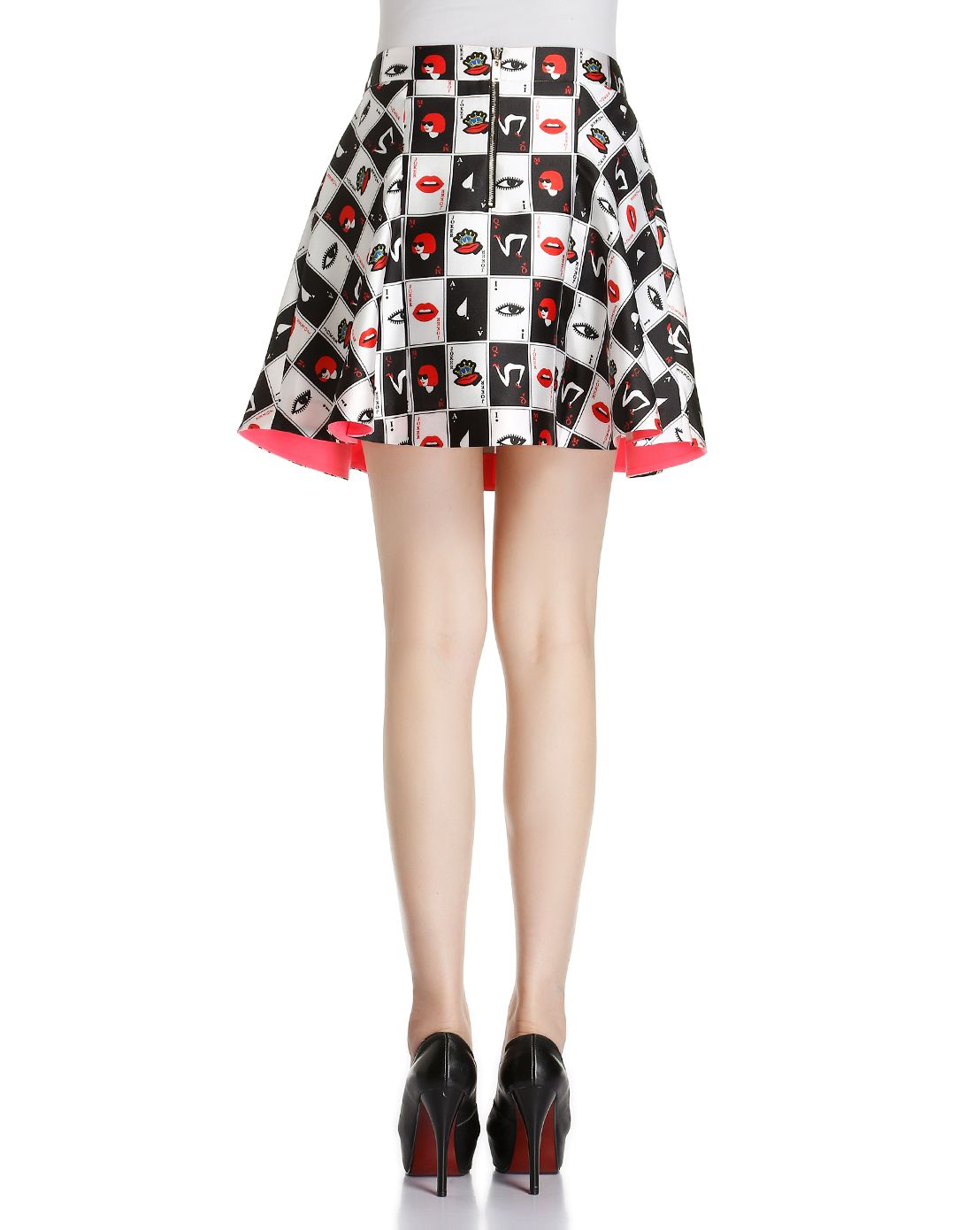 黑/白色独特扑克牌印花半裙