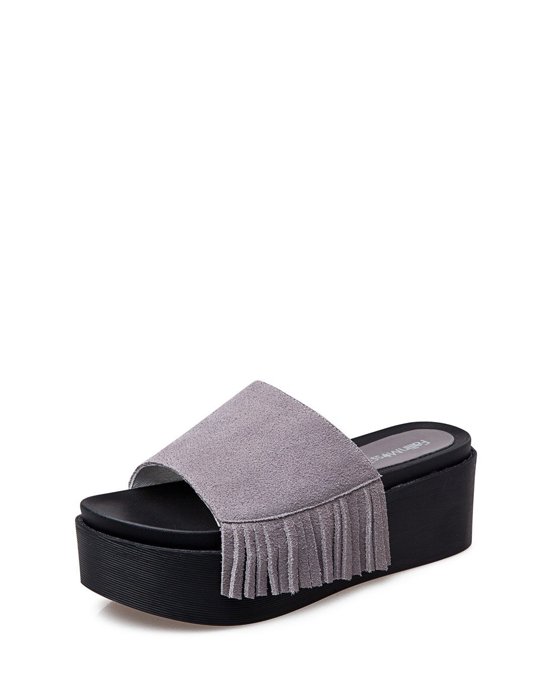 夏季磨砂牛皮流苏一字带松糕厚底女灰色拖鞋