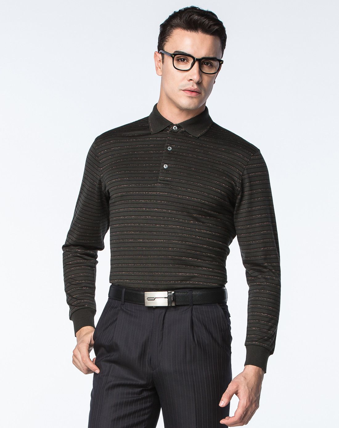 卡丹狄诺cardeendino男装专场 墨绿色翻领条纹长袖t恤