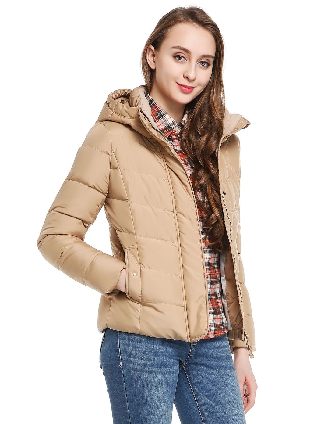 spao浅卡其色女款时尚连帽长袖羽绒服