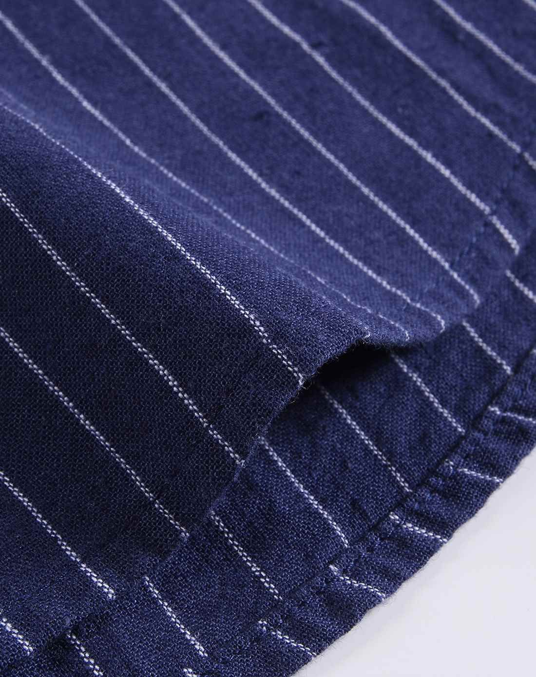 海军蓝/白条纹 天然麻棉色织条纹双标袋修身长袖衬衫