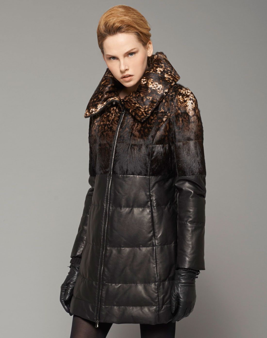 蛇纹渐变绵羊皮拼蛇纹羊毛皮草羽绒服