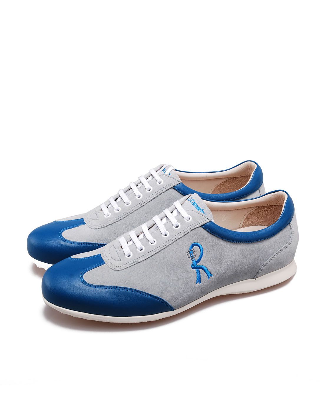 意大利进口蓝色袋鼠皮配灰白磨砂皮运动休闲鞋