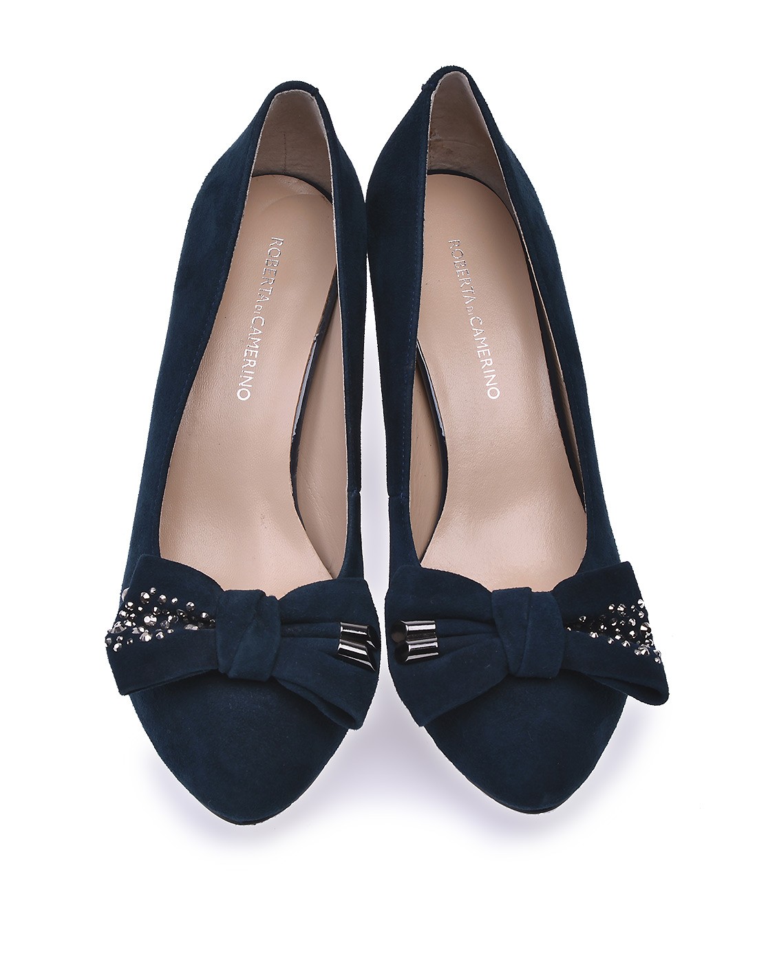 诺贝达roberta di camerino女鞋专场 通勤蓝绿色羊皮绒面革水钻粗跟