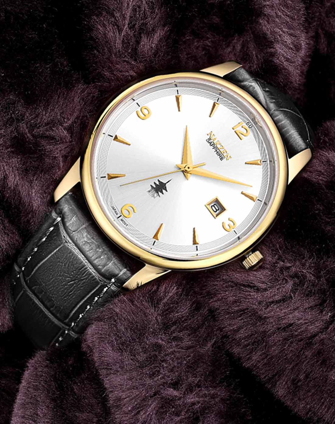 名古城 进口机芯日历成熟男士黑带石英表