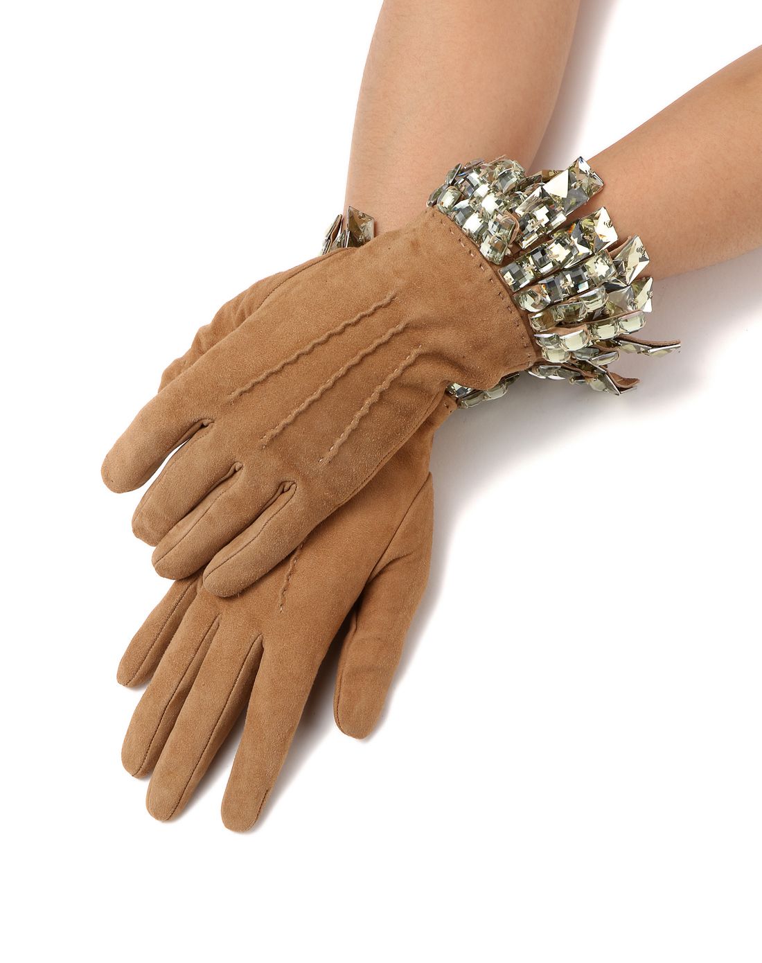 女款驼色宝石装饰羊皮手套