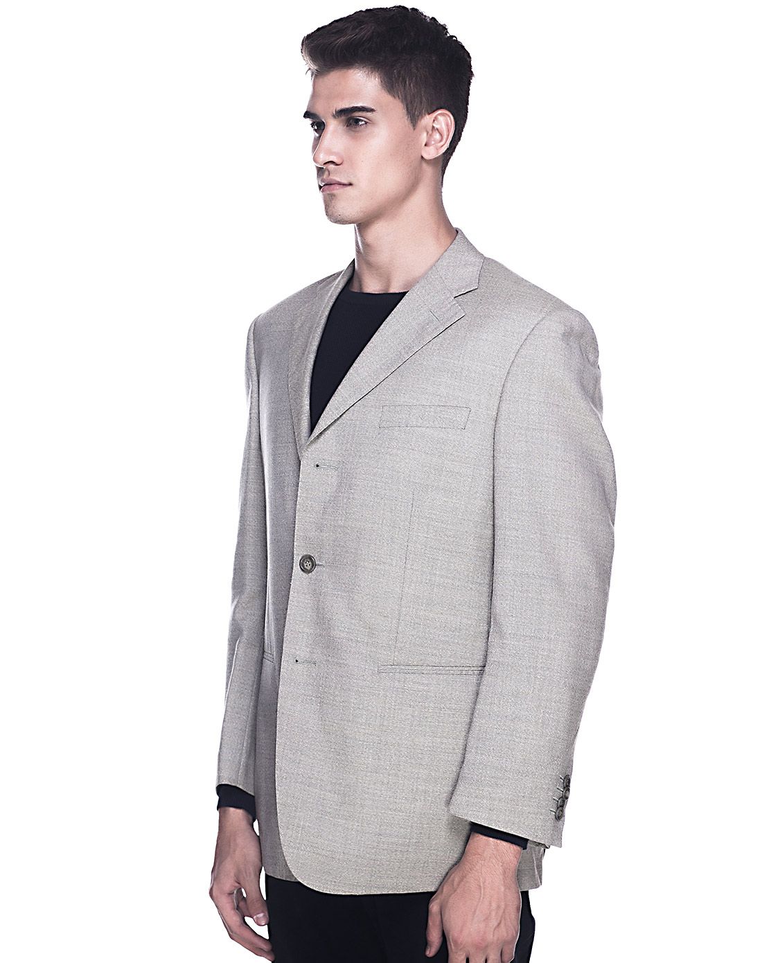 男士豆绿色毛麻休闲西装