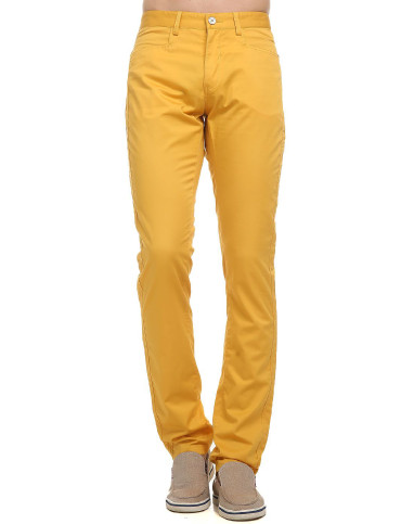 黄色撞红色裤耳后袋绣花时尚休闲裤