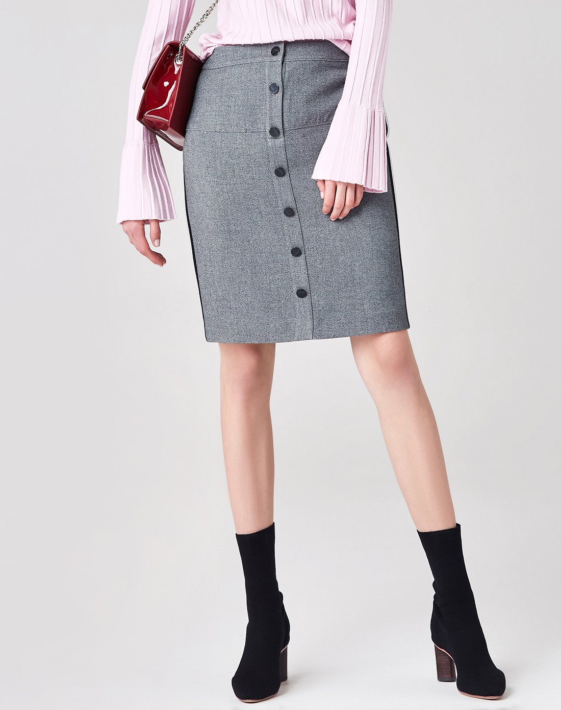 拼接撞色单排金属后h型裙半身短裙