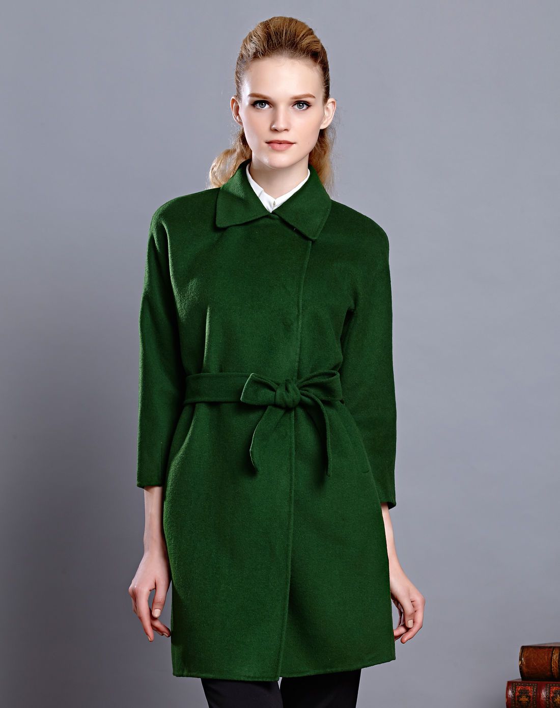 shishs双面呢大衣特卖旗舰店女款深绿色翻领双面呢大