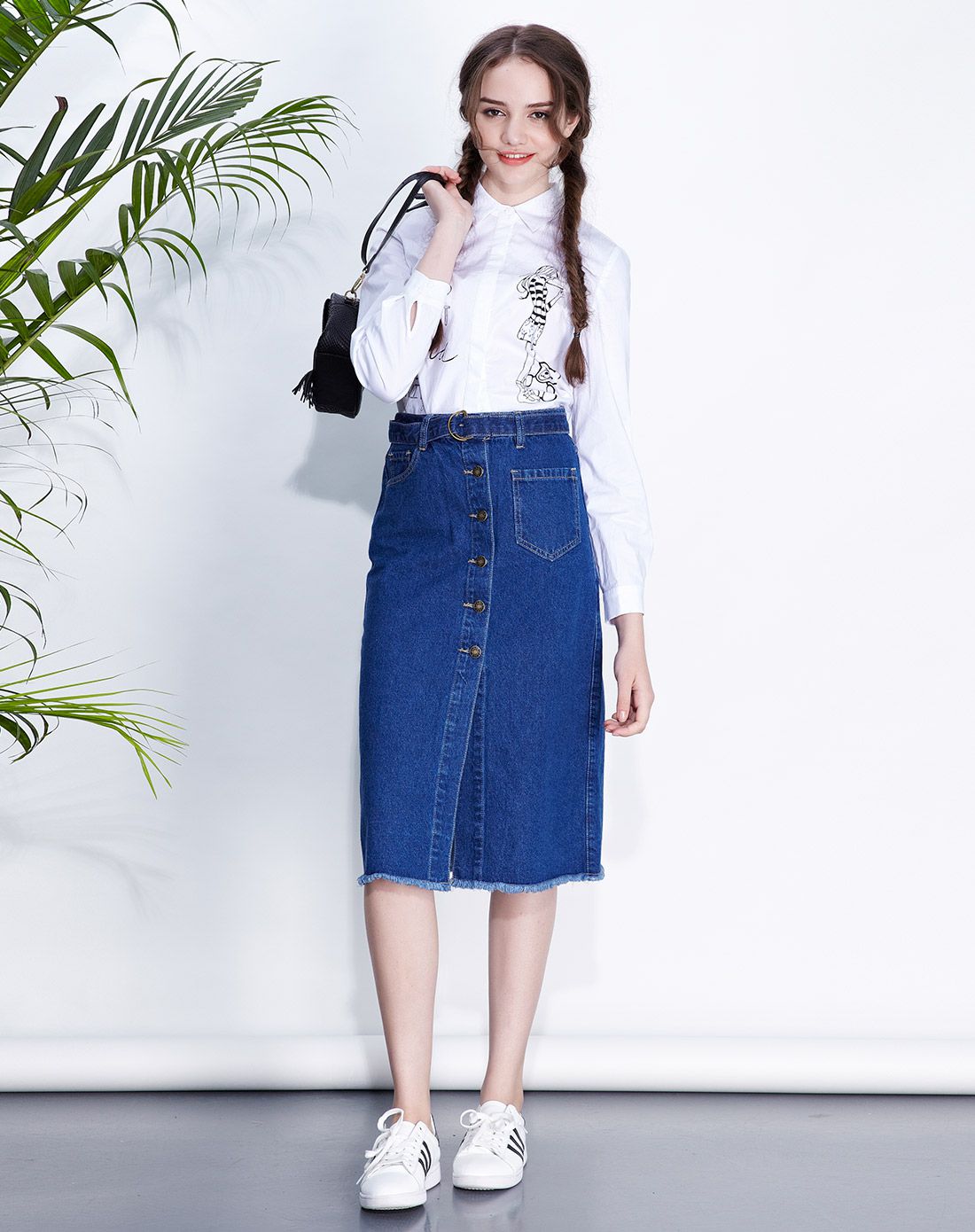 深蓝色中高腰a字牛仔半身裙