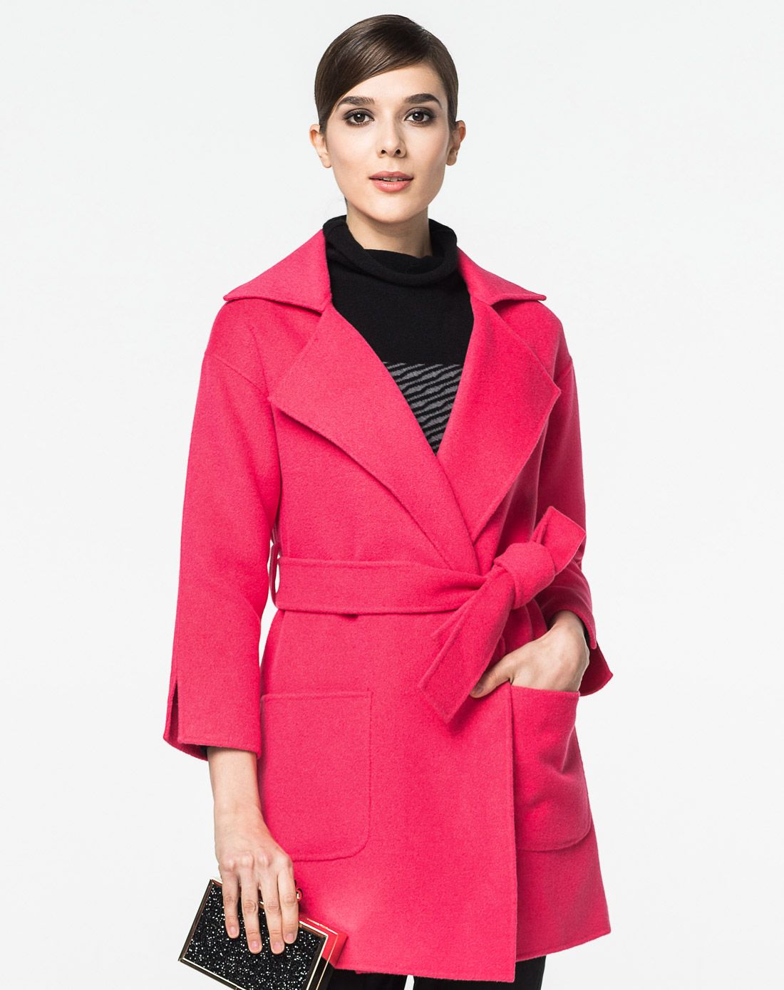 胭脂红系带羊毛法式气质长大衣