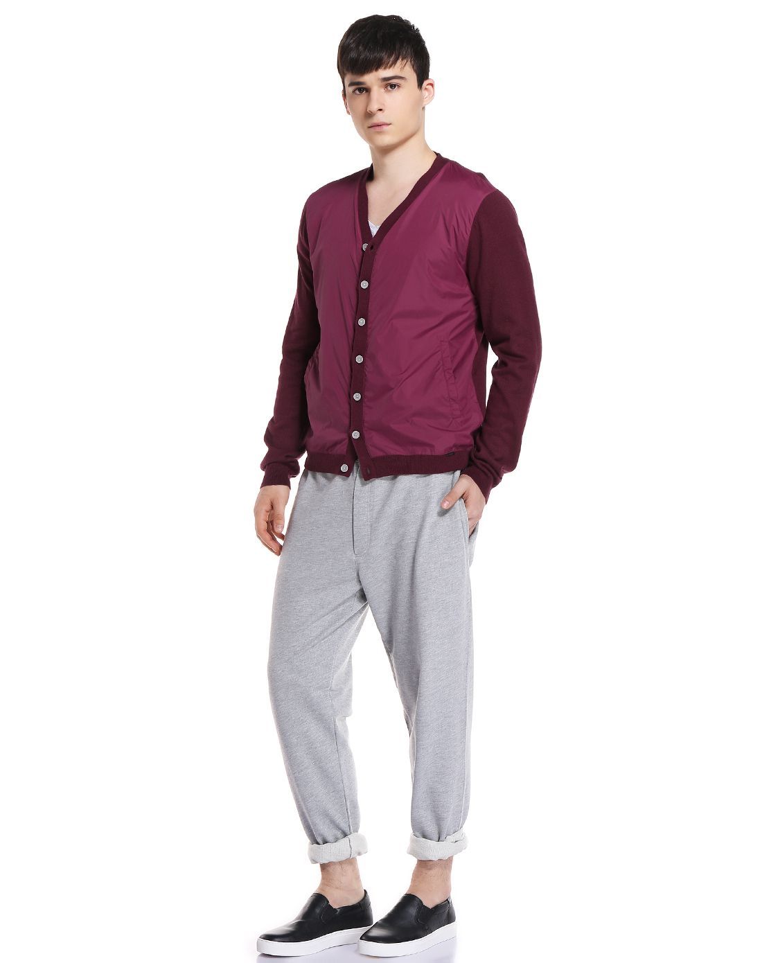 dkny男装专场 耐磨舒适 男款深红色长袖针织衫 商务简约