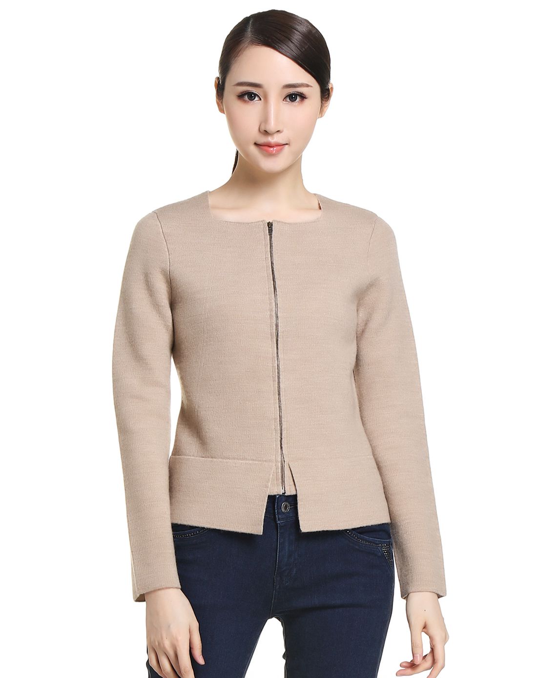 女款淡米驼色简洁开襟长袖羊毛衫