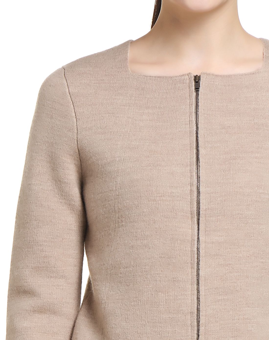 女款淡米驼色简洁开襟长袖羊毛衫