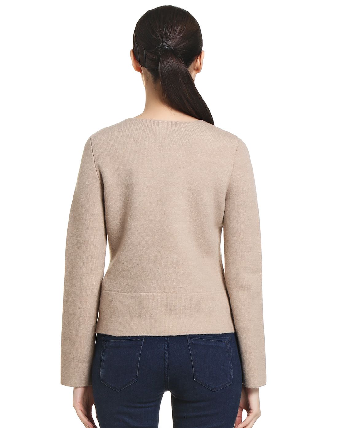 女款淡米驼色简洁开襟长袖羊毛衫