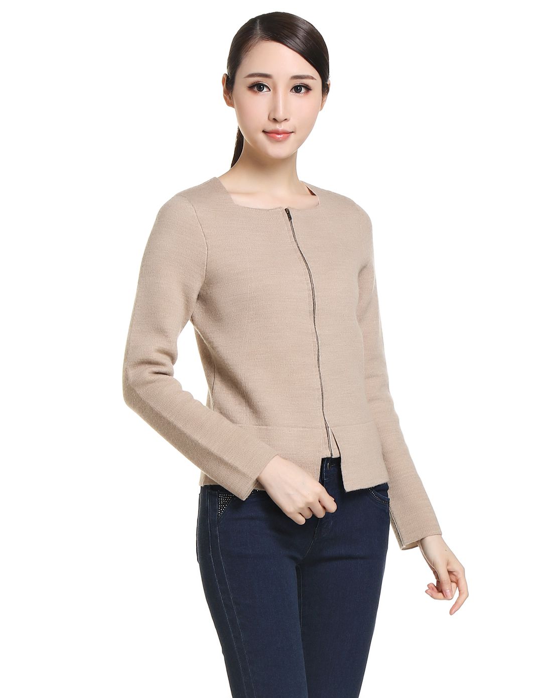 女款淡米驼色简洁开襟长袖羊毛衫