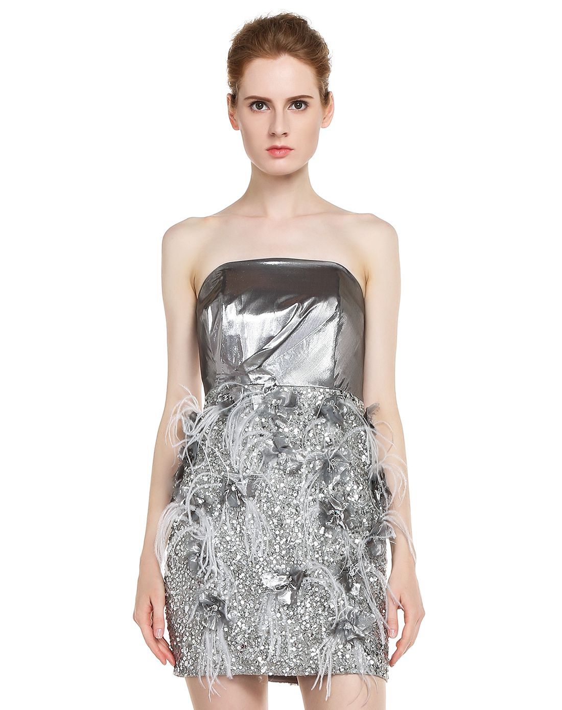 银色独特羽毛装饰抹胸礼服连衣裙