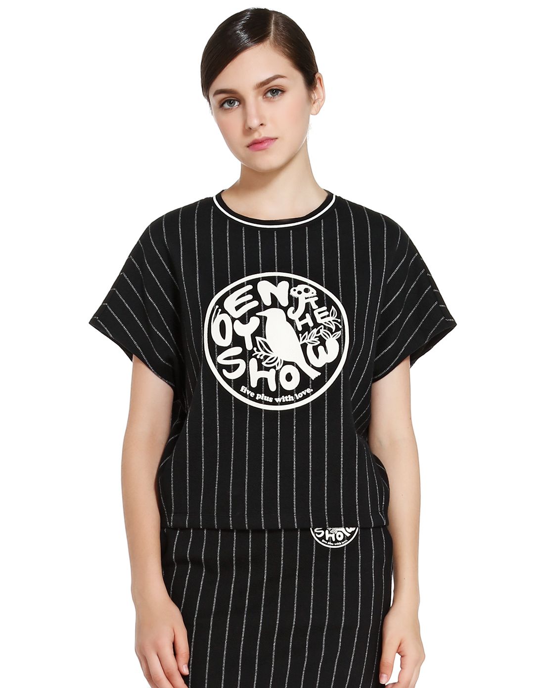 棉质条纹印花宽松t恤黑白条