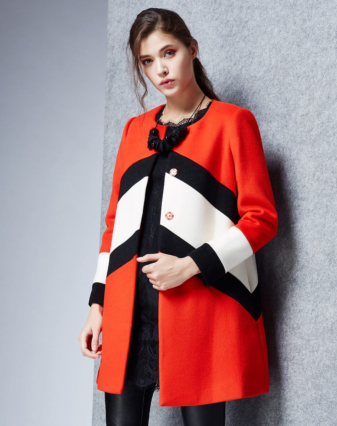 红橙/多色都市大气长袖中长款大衣