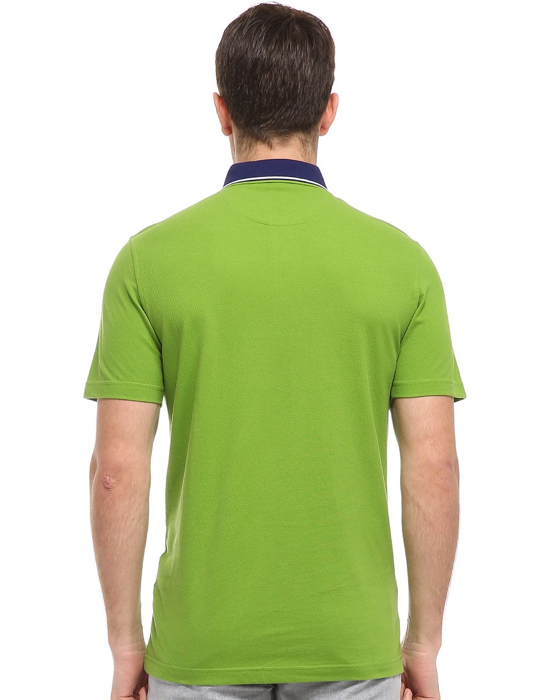 草绿色纯棉领底拼色时尚休闲短袖t恤