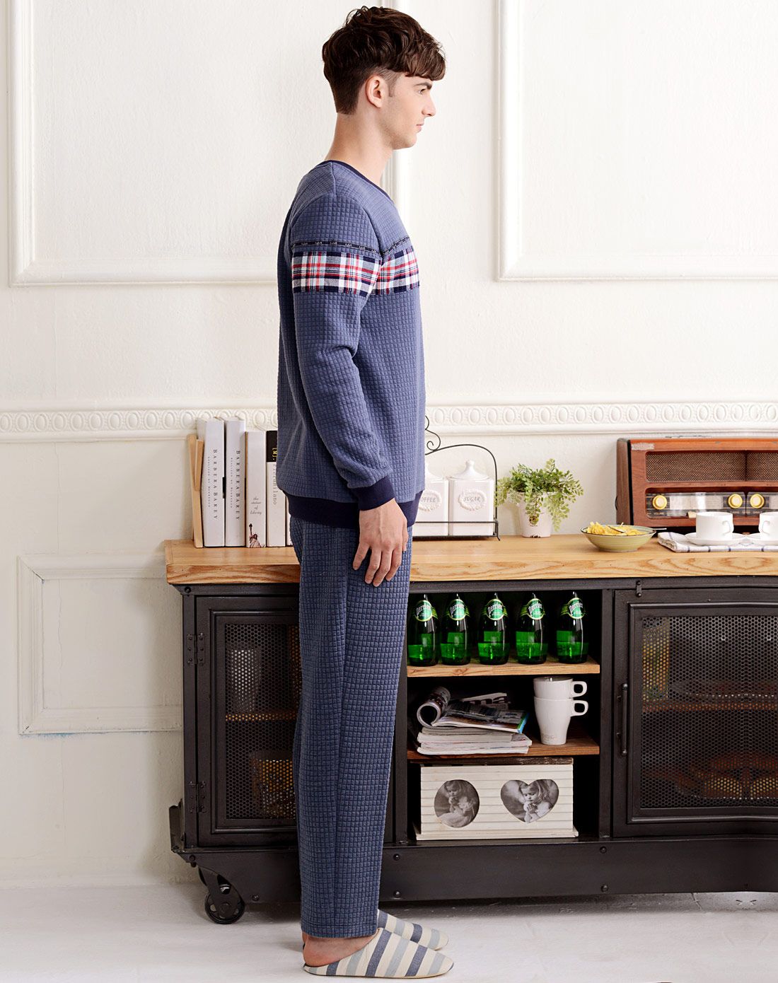 侬媚儿男款深兰夹丝布男休闲套