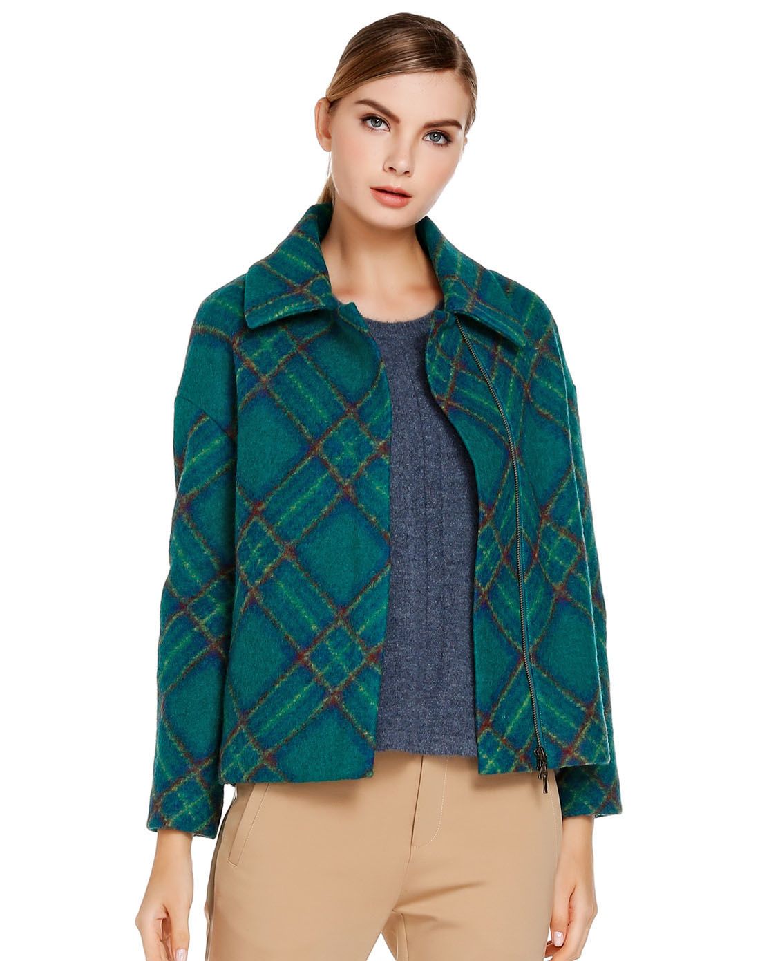 深翠绿色格纹翻领长袖外套